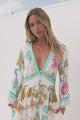 Gules Midi Dress - A Line Buttoned Down Dress with Lace Trim Sleeves in Bassena Print