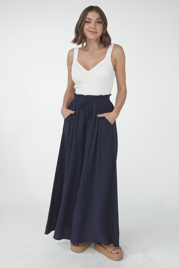 Charli Pants - Paper Bag High Waisted Wide Leg Pants in Navy