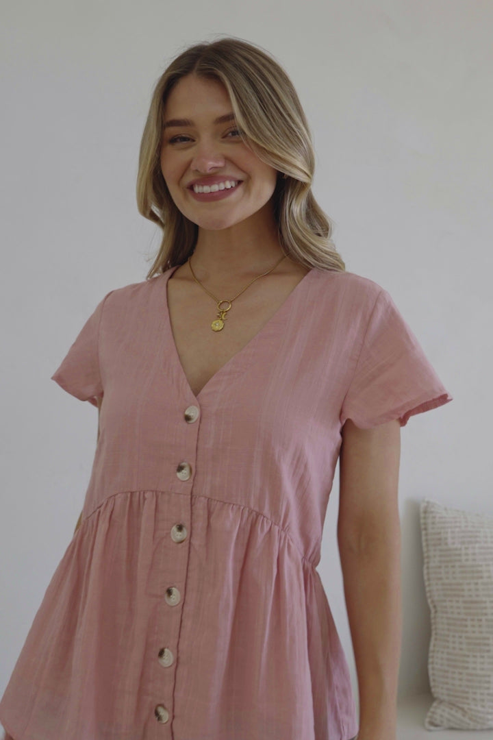 Mitzy Top - Textured Button Down Top with Cap Sleeves in Blush