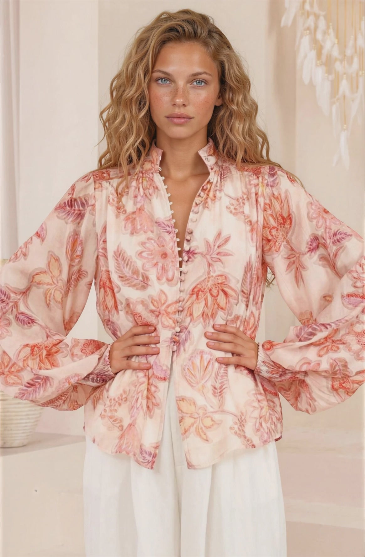 Faye Blouse - Mandarin Collar Balloon Sleeve Button Down Shirt in Rory Print Pink