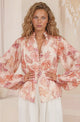 Faye Blouse - Mandarin Collar Balloon Sleeve Button Down Shirt in Rory Print Pink