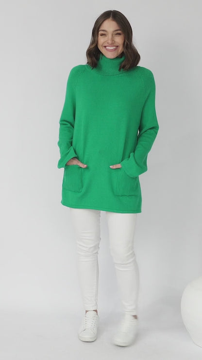 Ashby Jumper - Turtle Neck Relaxed Jumper with Pockets in Green
