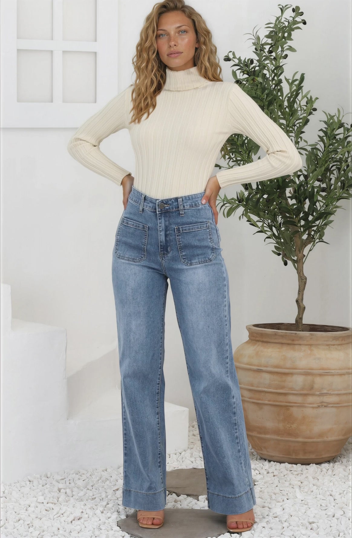 Cindy Wide Leg Jean in Stone Wash Denim