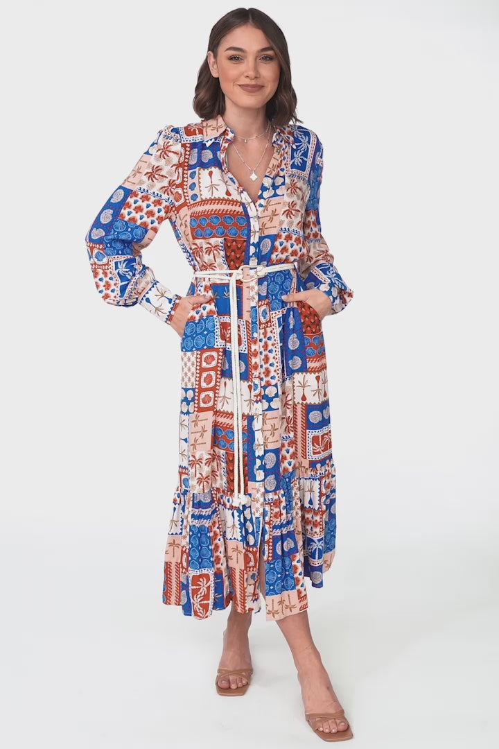 Thaya Maxi Dress - Collared Shirt Dress with Rope Belt in Odara Print