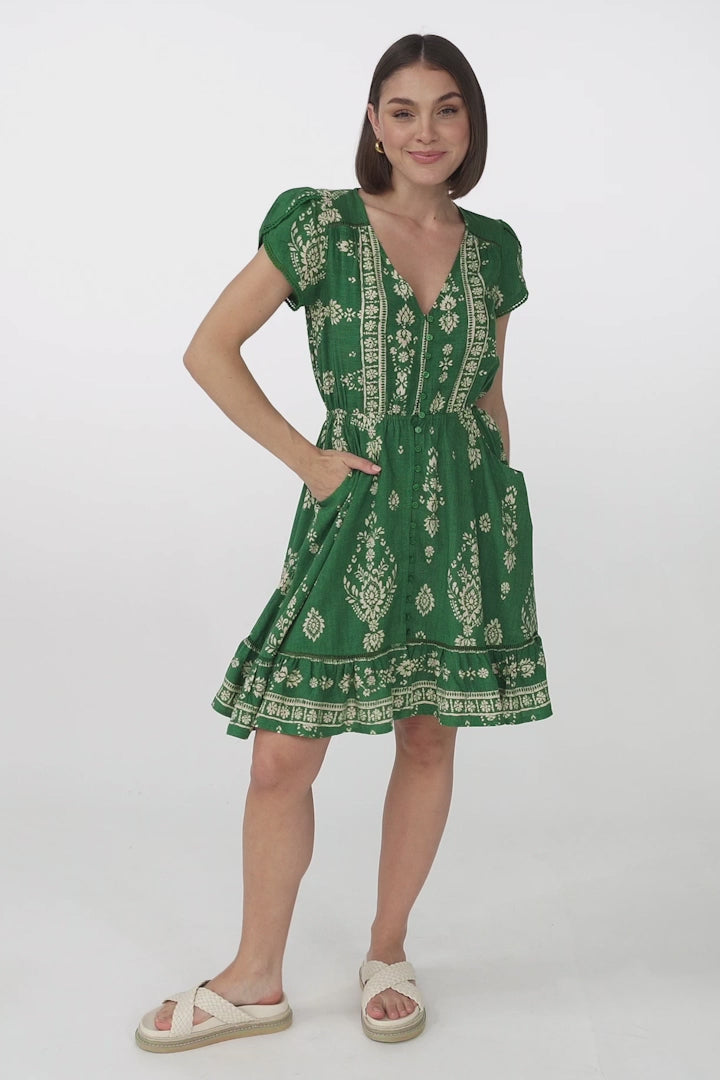 Lizzie Mini Dress - Butterfly Cap Sleeve Button Down Dress with Pockets in Kiva Print