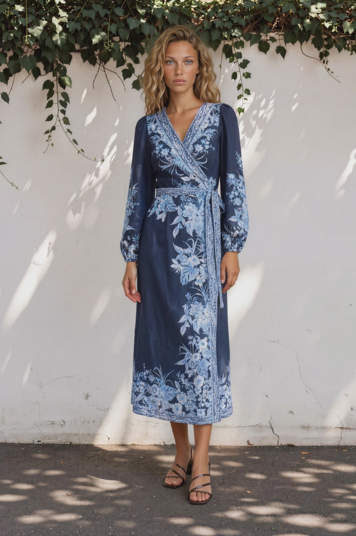 Carindi Midi Dress - V Neck Wrap Dress with Long Balloon Sleeves in Breakwater Print