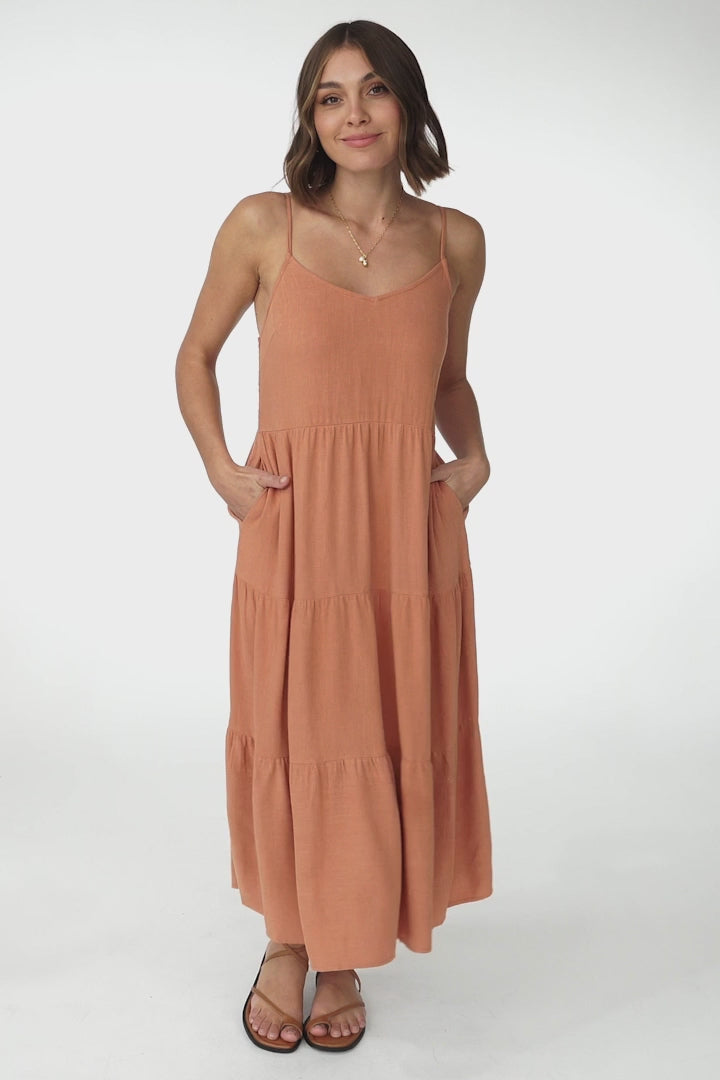 Arlowe Midi Dress - Soft V Neckline Tiered Linen Sun Dress in Rust