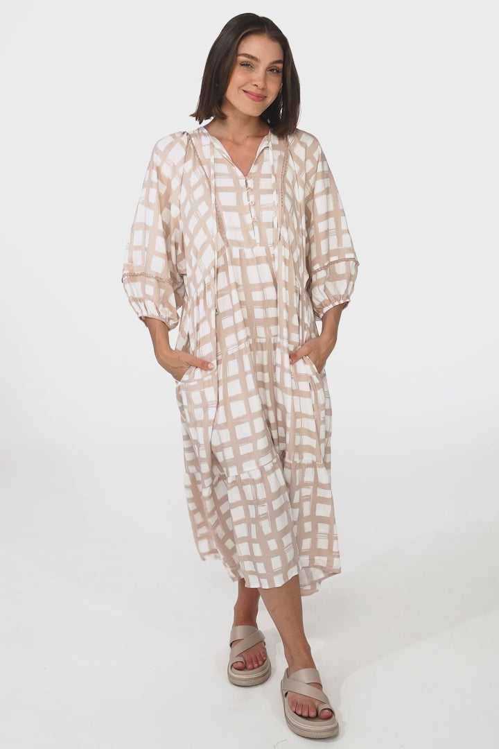 Kamali Midi Dress - Batwing Sleeve Smock Dress with Lace Detailing in Beth Print Beige