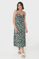 Serena Midi Dress - Pull Tie Bust Sweet Heart Neckline Sun Dress in Sabian Print Green