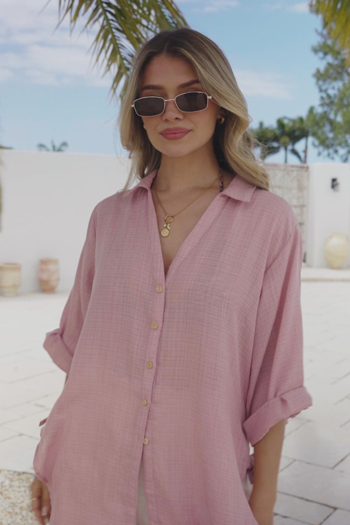 Corina Shirt - Relaxed Button Down Shirt with Sun Hollow-Out Back Decal in Blush