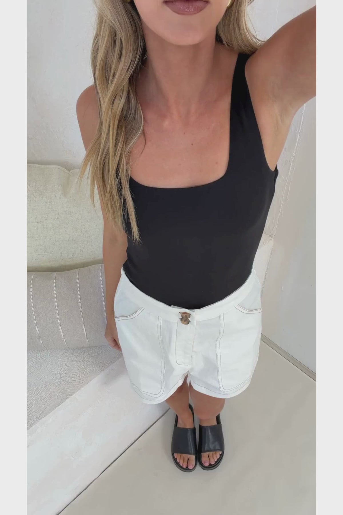 Rebel Denim Shorts - High Waisted Contrast Stitch Shorts with Tortoiseshell Button Detal in White