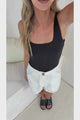 Rebel Denim Shorts - High Waisted Contrast Stitch Shorts with Tortoiseshell Button Detal in White