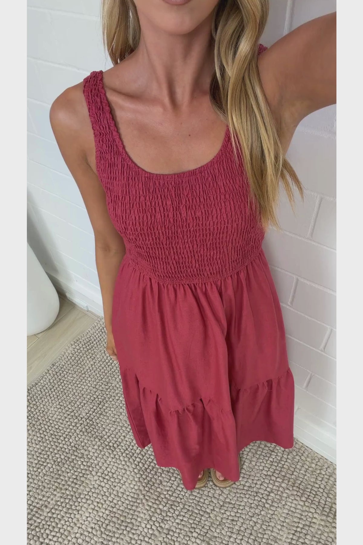 Sarlie Midi Dress - Shirred Bodice Cotton/Linen Blend Tiered Dress in Rust