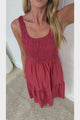 Sarlie Midi Dress - Shirred Bodice Cotton/Linen Blend Tiered Dress in Rust
