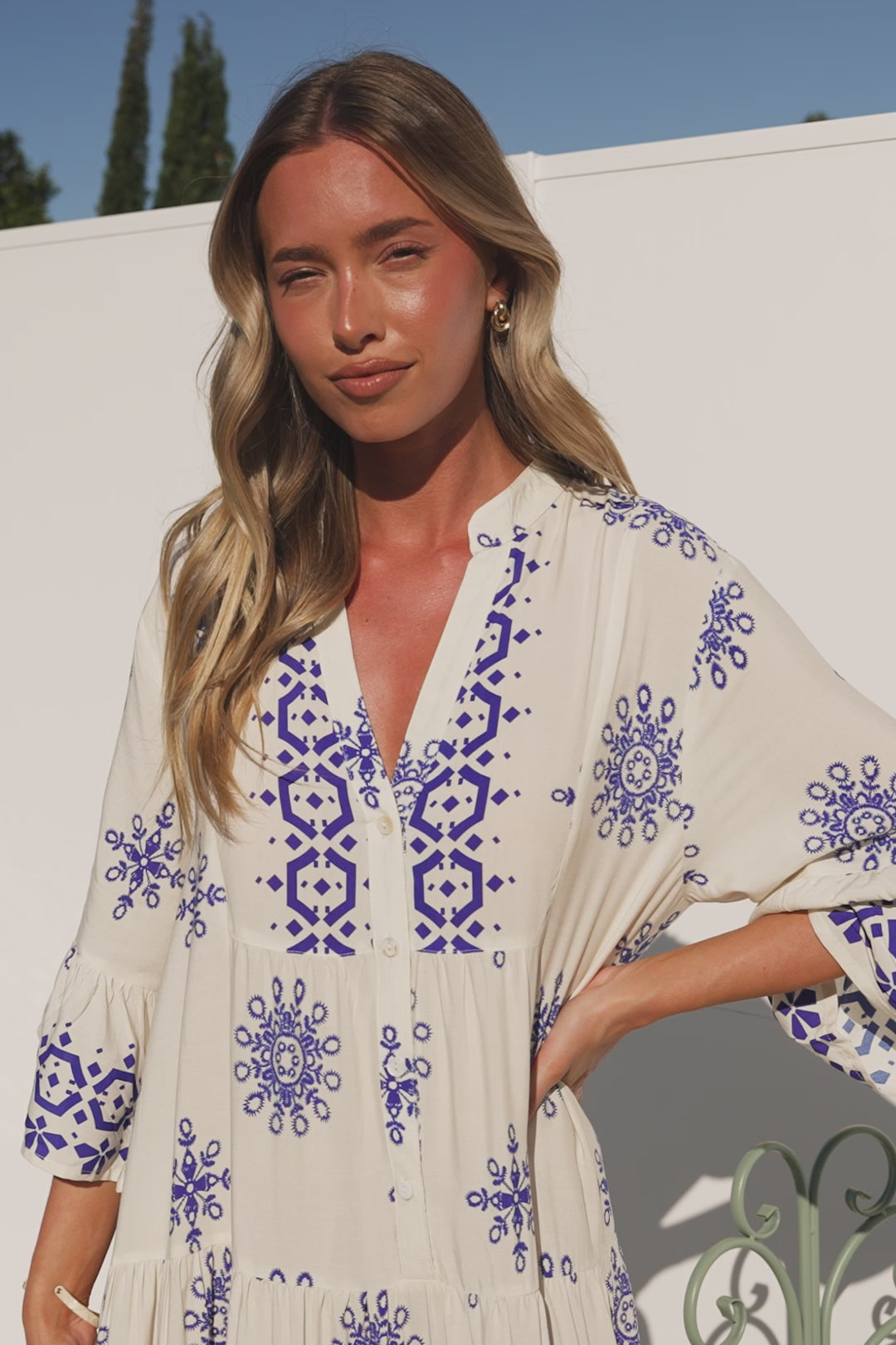 Roux Maxi Dress - Split Neckline Button Placket Tiered Kaftan Dress with Bell Sleeves in Linnea Print Blue