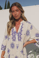 Roux Maxi Dress - Split Neckline Button Placket Tiered Kaftan Dress with Bell Sleeves in Linnea Print Blue