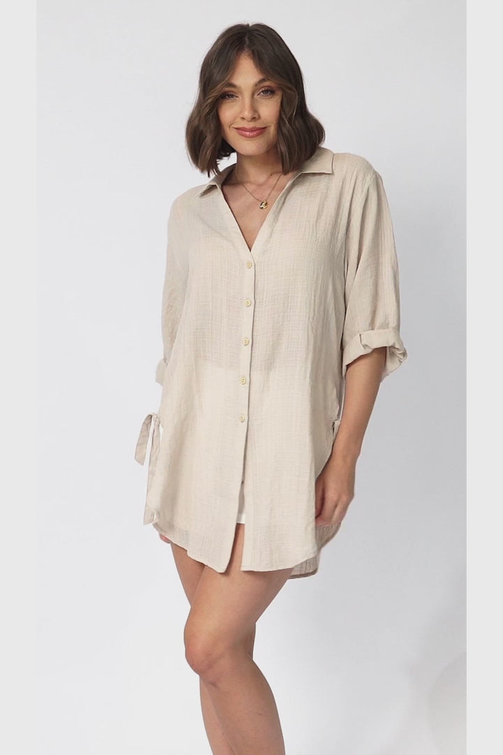 Beachly Shirt - Folded Collar Button Down Relaxed Shirt In Stone
