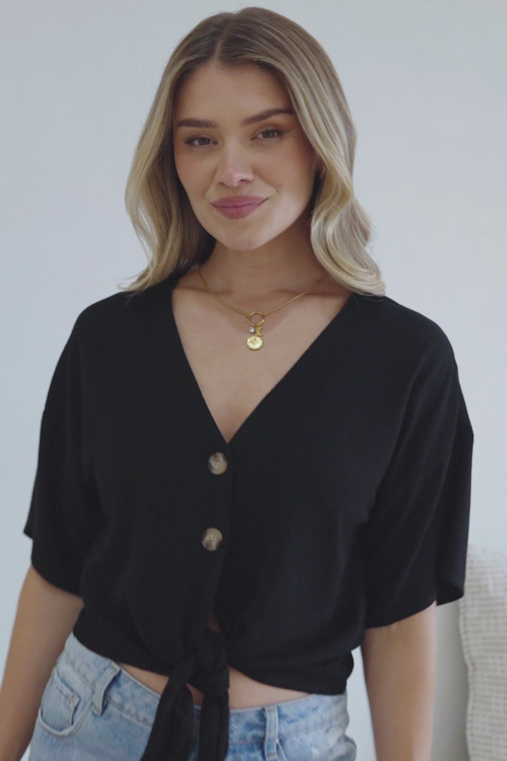 Lanara Top - Button Front Tie Up Top In Black