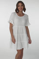 Cora Mini Dress - Cheesecloth Cotton Tiered Smock Dress with Frill Sleeves in White