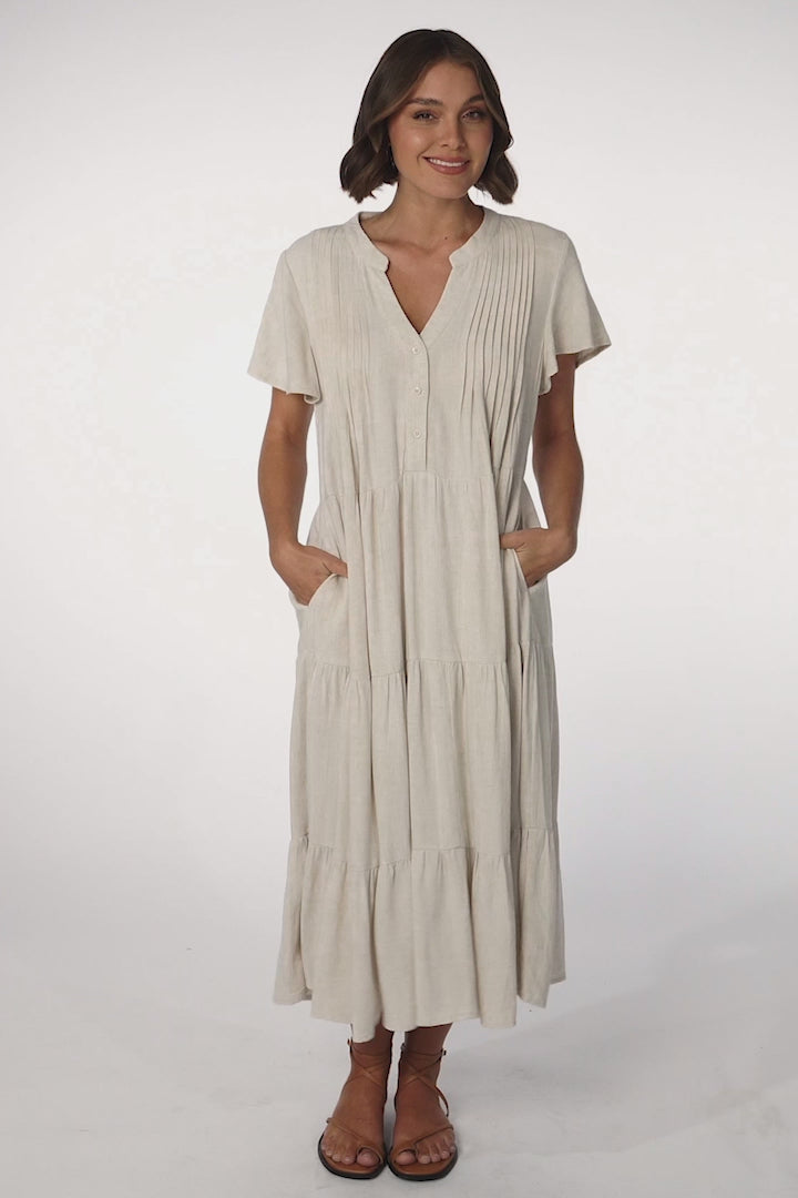 Peggy Midi Dress - Relaxed Mandarin Collar Pleated Bust Tiered Linen Dress in Oat