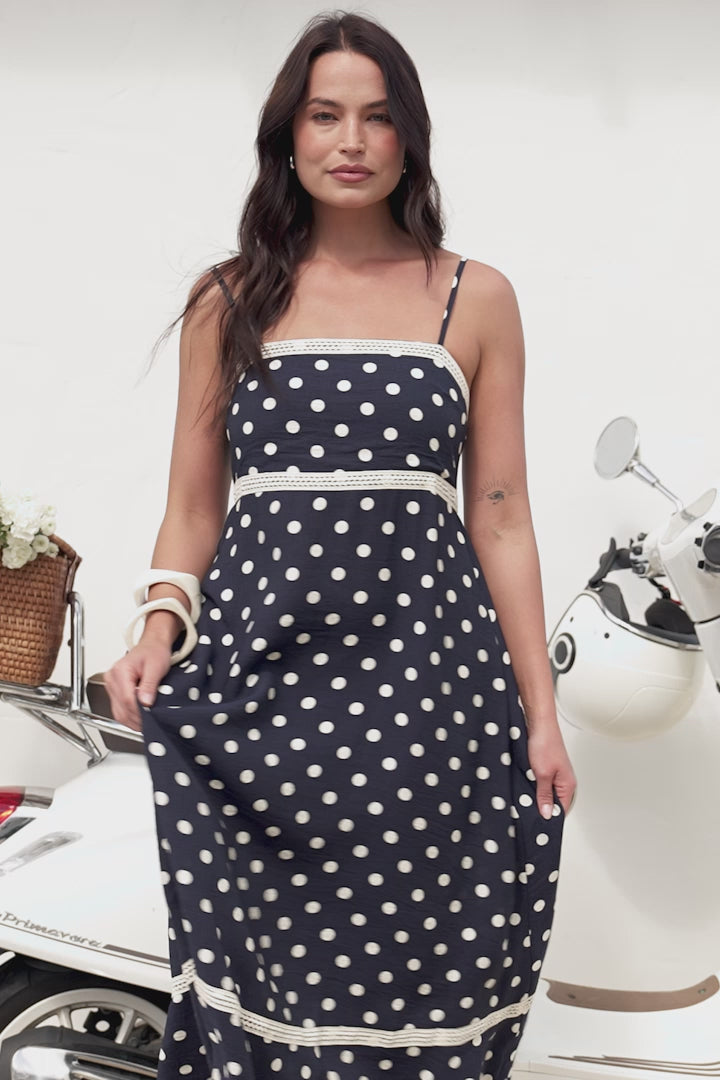 Novalie Midi Dress - Spaghetti Strap Sun Dress with Lace Splicing and Pockets in Polka Navy