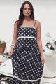 Novalie Midi Dress - Spaghetti Strap Sun Dress with Lace Splicing and Pockets in Polka Navy