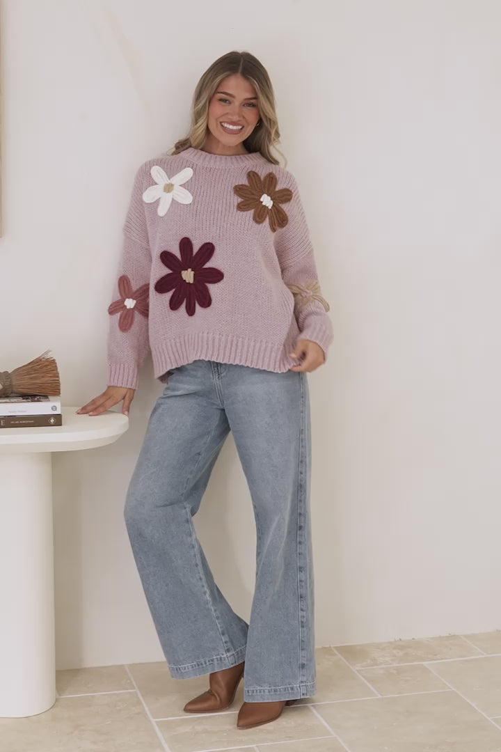 Wildflower Jumper - Chunky Knit Jumper with Flower Decals in Light Mauve Multi