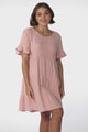 Cora Mini Dress - Cheesecloth Cotton Tiered Smock Dress with Frill Sleeves in Blush