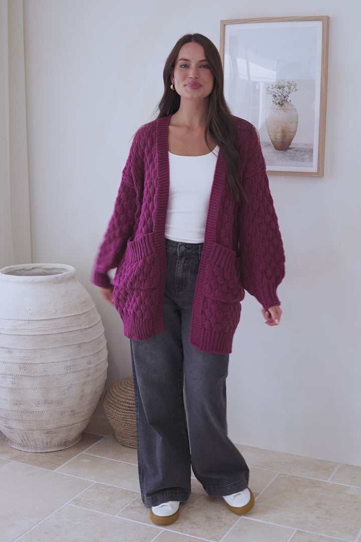 Attlee Cardigan - Chunky Open Cable Knit with Pockets and Rib Knit Trim in Grape