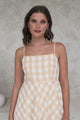 Klara Maxi Dress - Spaghetti Strap A-Line Dress in Gingham Beige