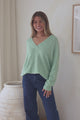 Donoven Jumper - V Neck Lightweight Knit with Ribbed Hemlines in Light Green