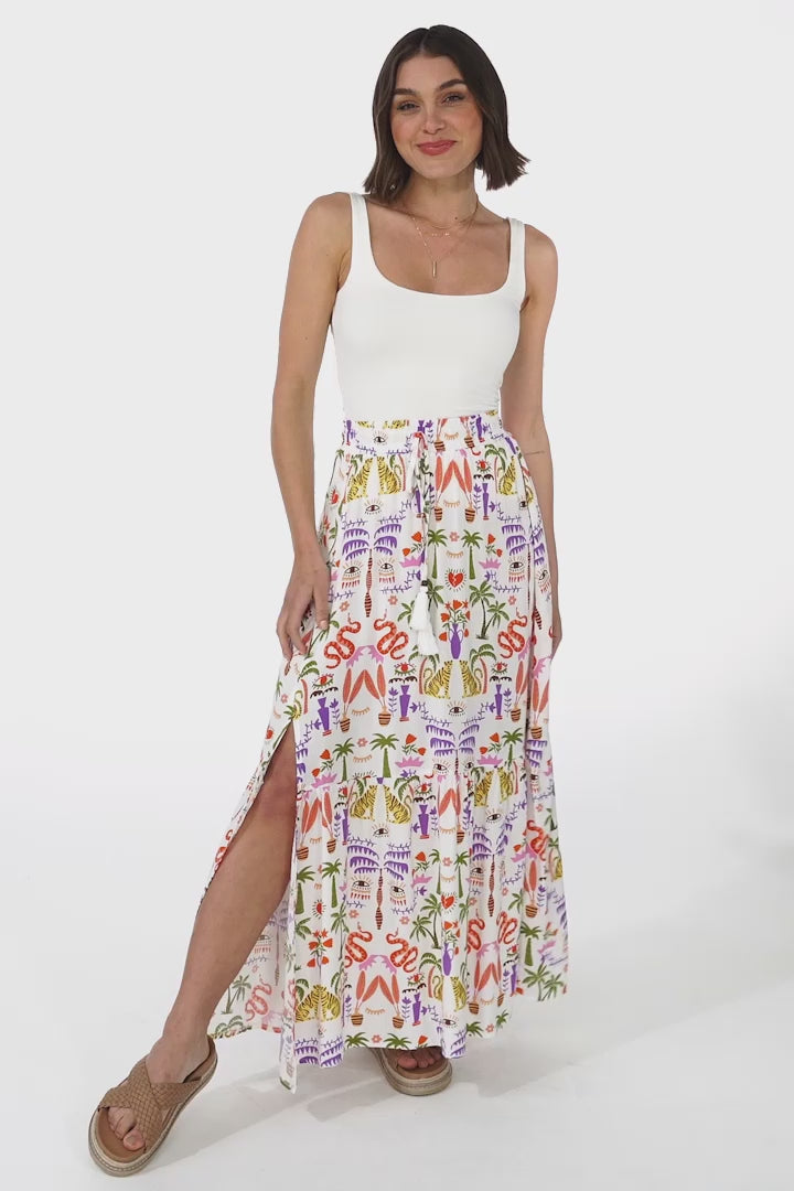 Hellen Maxi Skirt - High Waisted Skirt with Front Splits in Ayla Print White