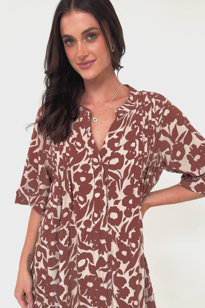 Evie Mini Dress - 3/4 Sleeve Tiered Smock Dress in Emma-Jade Print Brown