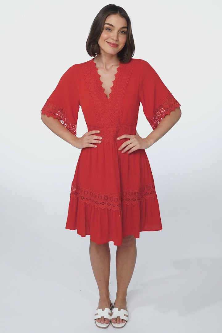 Leelie Mini Dress - Lace Embellished Tiered Dress with Bell Sleeves in Red