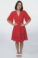 Leelie Mini Dress - Lace Embelished Tiered Dress with Bell Sleeves in Red