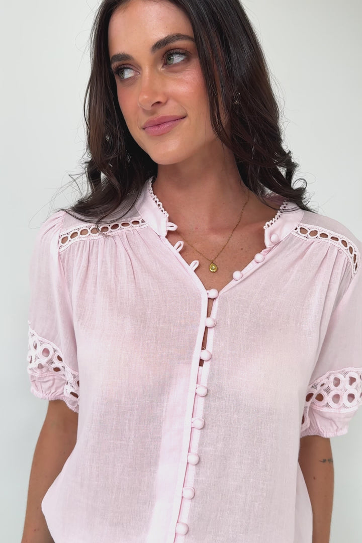 Alenna Shirt - Mandarin Collar Cut Out Detailed Short Sleeve Button Down in Pink