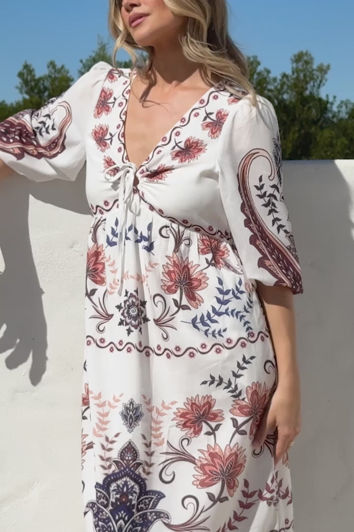 Thanya Midi Dress - V-Neck with Tie Balloon Sleeve Tiered Dress in Magah Print