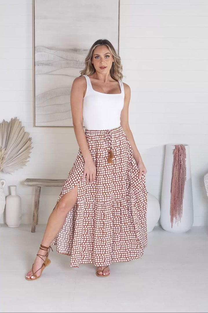 Hellen Maxi Skirt - High Waisted Skirt with Front Splits in Maryanne Print Tan