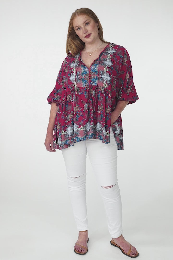 JAASE - Chloe Top: Very Oversized Crochet Trim Neckline Smock Top in Strawberry Kiss Print