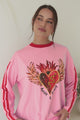 Amor E Sorte Long Sleeve Tee - Crew Neck Contrast Sport Stripe Graphic T-Shirt in Pink