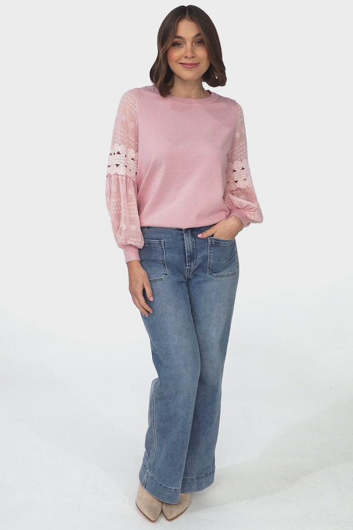 Falinda Knit Top - Crew Neck Lace Sleeve Knit in Pink