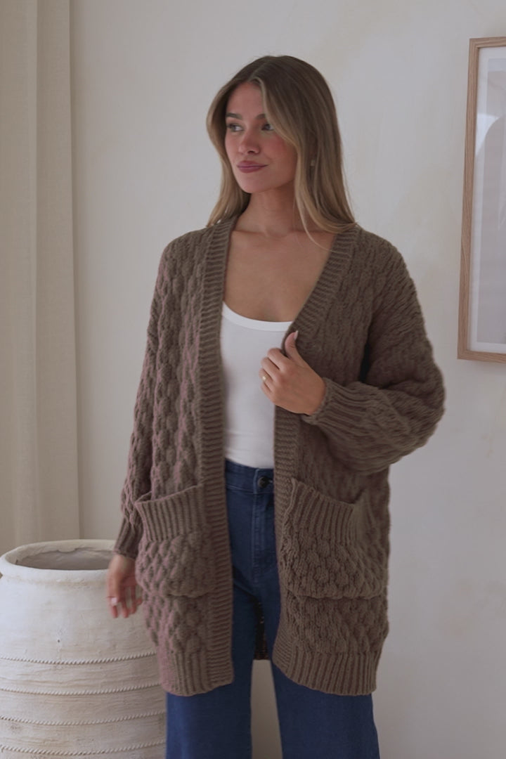 Attlee Cardigan - Chunky Open Cable Knit with Pockets and Rib Knit Trim in Coffee