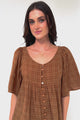 Casita Top - Scoop Neck Textured Babydoll Top with Flutter Sleeves in Tan