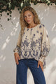 Gelina Top - Crew Neck Pleated High Low Pull Over with Balloon Sleeves in Gerry Print Beige