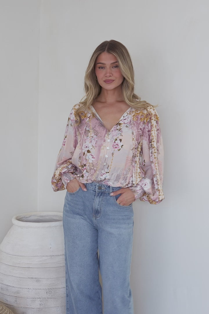 Violet Blouse - Frill Collar Button Down Balloon Sleeve Top in Baroque Print