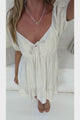 Michi Mini Dress - Sweetheart Neckline Mini with Tie Detail and Puff Sleeves in Beige