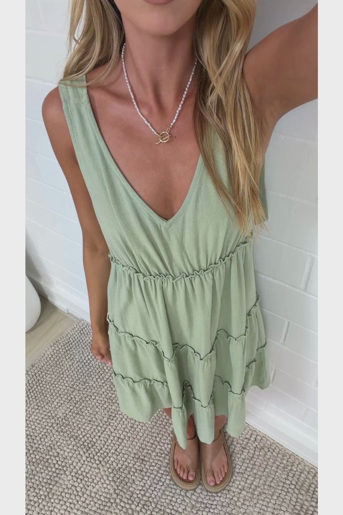 Lacy Mini Dress - Tie on Shoulder Strap Frill Splicing Tiered Sun Dress in Sage