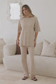 Lisette Set - Ribbed Knit Crew Neck Top and Subtle High Waisted Flared Tights in Cream