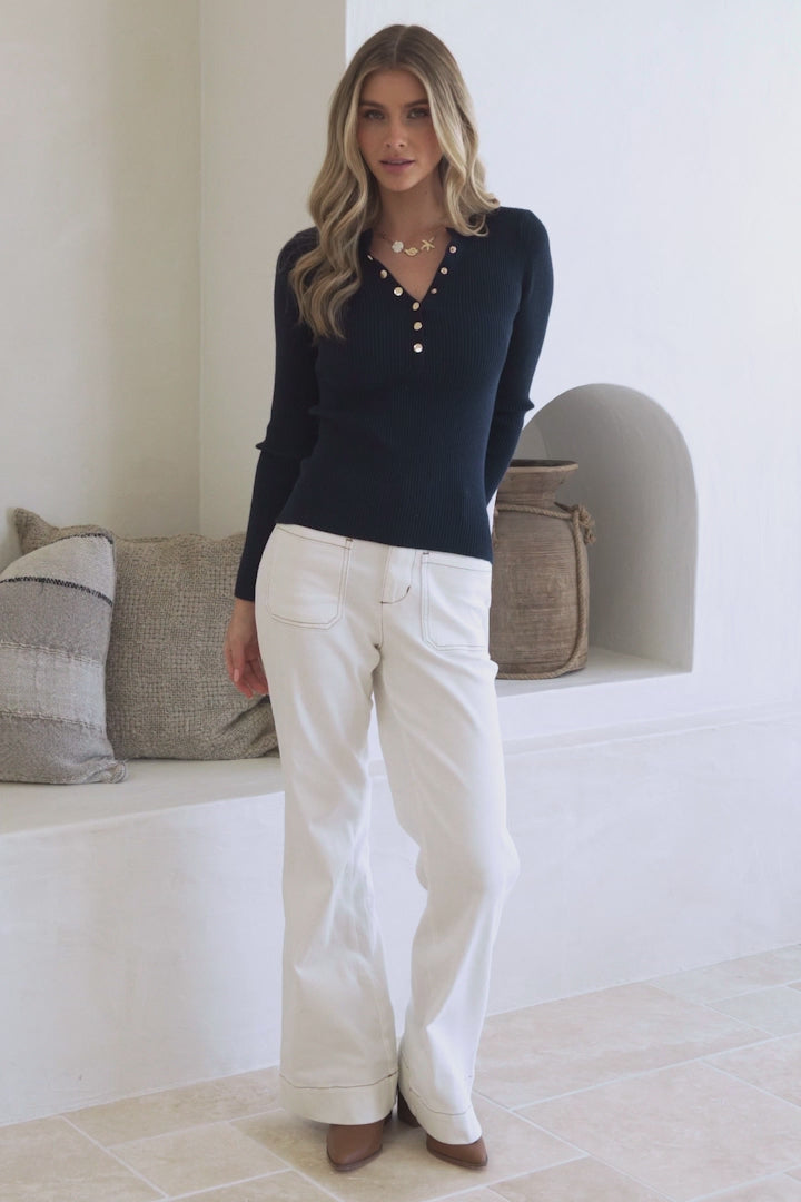 Emilia Knit Top - Gold Button Neckline Ribbed Top in Navy