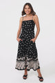 Marlin Midi Dress - Rick Rack Splicing Sun Dress with Adjustable Straps in Valia Print Black